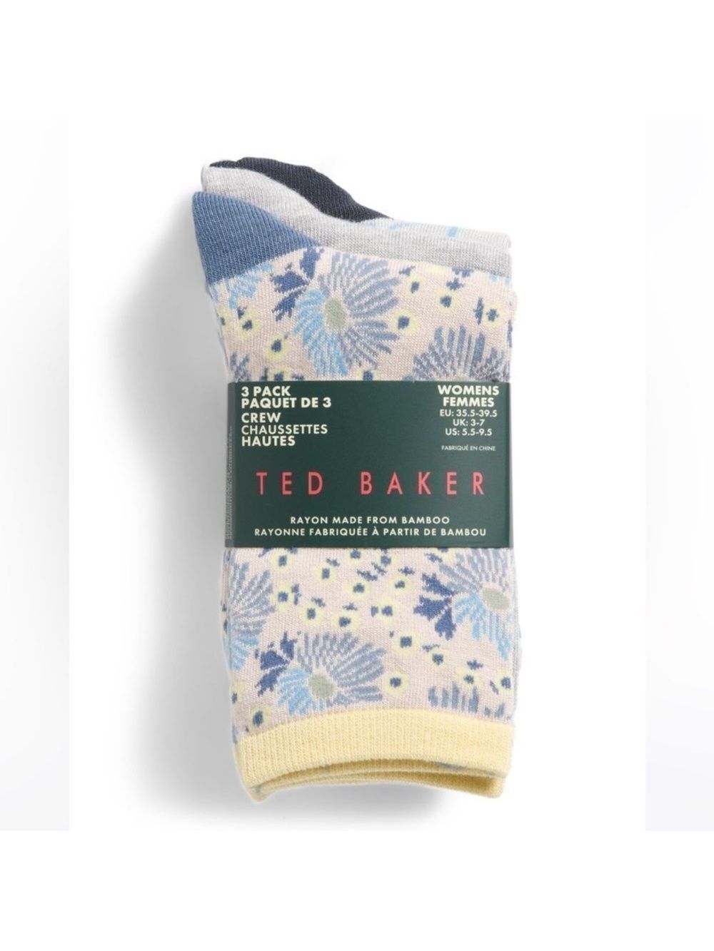 Ted Baker Blue Yellow Floral Dress Crew cut Knit Bamboo Blend Socks 3 pack